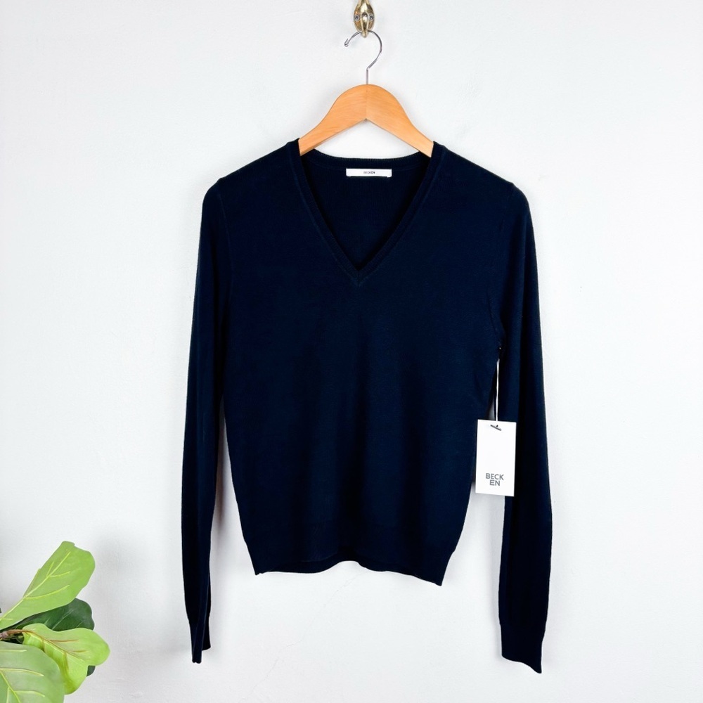 NWT BECKEN Women’s Cashmere Blend Navy Blue V-Neck Sweater Sz XS